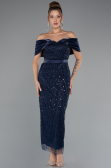 Partykleid Midi Perlenbesetzt Marineblau ABK2453