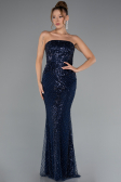 Abendkleid Lang Perlenbesetzt Marineblau ABU5363