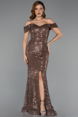 Abendkleid Lang Perlenbesetzt Braun ABU5401