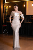 Abendkleid Lang Perlenbesetzt Beige ABU5434