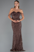 Abendkleid Lang Perlenbesetzt Braun ABU5477