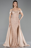 Beige Abendkleid Perlenbesetzt Lang ABU5542