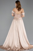 Beige Abendkleid Perlenbesetzt Lang ABU5542