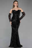 Abendkleid Lang Perlenbesetzt Schwarz ABU5659
