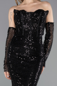 Abendkleid Lang Perlenbesetzt Schwarz ABU5659