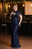 Abendkleid in Übergröße Lang Perlenbesetzt Marineblau ABU5698
