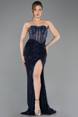 Abendkleid Lang Perlenbesetzt Marineblau ABU5696