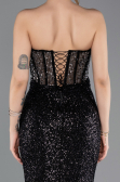 Abendkleid Lang Perlenbesetzt Schwarz ABU5696