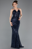 Abendkleid im Meerjungfrau-Stil Lang Perlenbesetzt Marineblau ABU5697