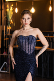 Abendkleid Lang Perlenbesetzt Marineblau ABU5696