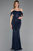 Abendkleid Lang Perlenbesetzt Marineblau ABU5833