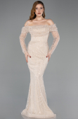 Standesamtkleid Lang Perlenbesetzt Beige ABU5825
