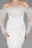 Standesamtkleid Lang Perlenbesetzt Weiß ABU5825