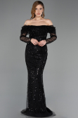 Standesamtkleid Lang Perlenbesetzt Schwarz ABU5825
