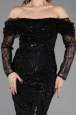 Standesamtkleid Lang Perlenbesetzt Schwarz ABU5825