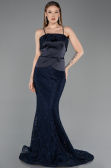 Abendkleid im Meerjungfrau-Stil Lang Guipure Spitze Marineblau ABU5869