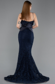 Abendkleid im Meerjungfrau-Stil Lang Guipure Spitze Marineblau ABU5869