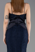 Abendkleid im Meerjungfrau-Stil Lang Guipure Spitze Marineblau ABU5869