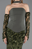 Abendkleid im Meerjungfrau-Stil Lang Schuppig Khaki ABU5896