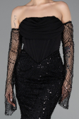 Abendkleid Lang Perlenbesetzt Schwarz ABU5922
