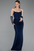 Abendkleid im Meerjungfrau-Stil Lang Spitze Marineblau ABU5933
