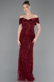 Abendkleid Lang Perlenbesetzt Weinrot ABU5400