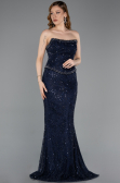 Abendkleid im Meerjungfrau-Stil Lang Spitze Marineblau ABU5993