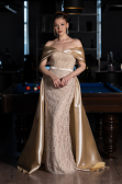 Beige Abendkleid Perlenbesetzt Lang ABU5400