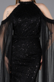 Standesamtkleid Lang Perlenbesetzt Schwarz ABU6117