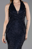 Abendkleid im Meerjungfrau-Stil Lang Perlenbesetzt Marineblau ABU6165