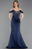 Abendkleid im Meerjungfrau-Stil Lang Satin Marineblau ABU6166