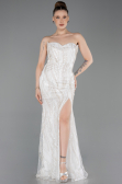 Standesamtkleid Lang Perlenbesetzt Weiß ABU6205