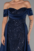 Abendkleid Lang Perlenbesetzt Marineblau ABU6329