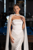 Abendkleid im Meerjungfrau-Stil Lang Perlenbesetzt Beige ABU6315