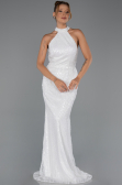 Standesamtkleid Lang Perlenbesetzt Weiß ABU6348
