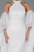 Standesamtkleid Lang Perlenbesetzt Weiß ABU6348