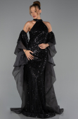 Standesamtkleid Lang Perlenbesetzt Schwarz ABU6348
