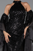 Standesamtkleid Lang Perlenbesetzt Schwarz ABU6348
