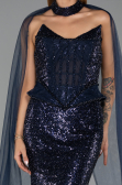 Abendkleid Lang Perlenbesetzt Marineblau ABU6444