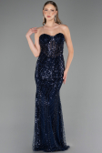 Abendkleid Lang Perlenbesetzt Marineblau ABU6564