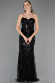 Abendkleid Lang Perlenbesetzt Schwarz ABU6564