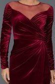 Bordo Yırtmaçlı Uzun Kadife Abiye F4348