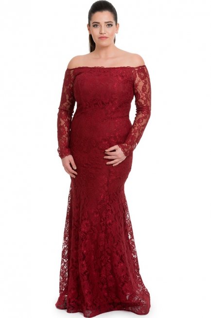 Uzun Bordo Dantelli Büyük Beden Abiye Elbise C9567