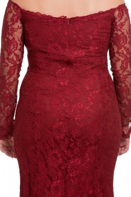 Uzun Bordo Dantelli Büyük Beden Abiye Elbise C9567