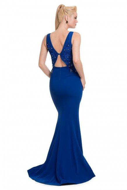 Uzun Saks Mavi Abiye Elbise F2088