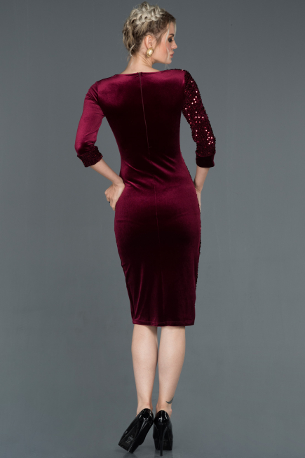 Bordo Kısa Pul Payetli Kadife Abiye Elbise ABK704