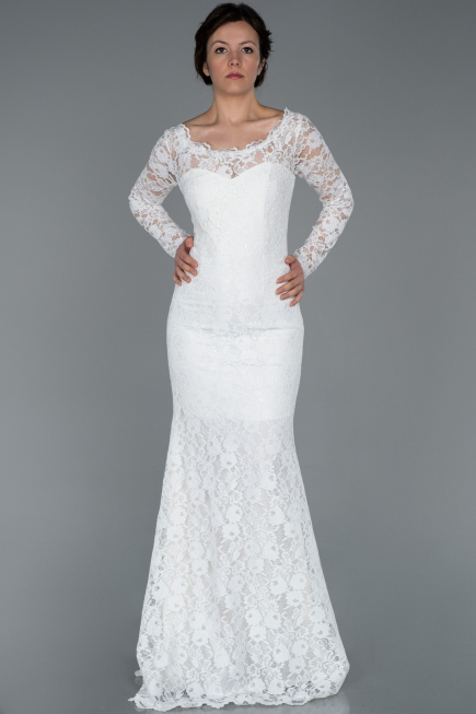 Abendkleid Lang Guipure Spitze Weiß ABU1571