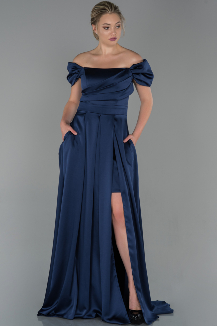 Abendkleid Lang Satin Marineblau ABU1716