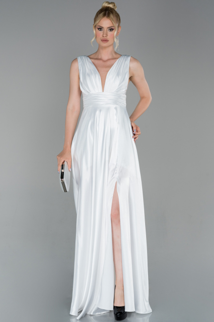 Abendkleid Lang Satin Weiß ABU1737