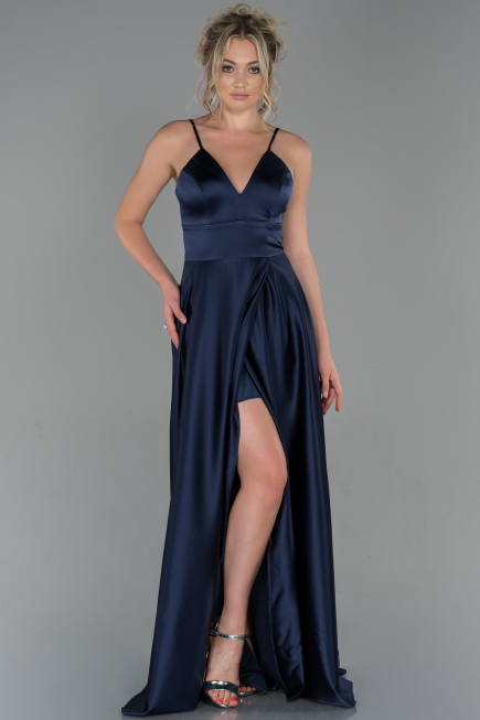 Abendkleid Lang Satin Marineblau ABU1458